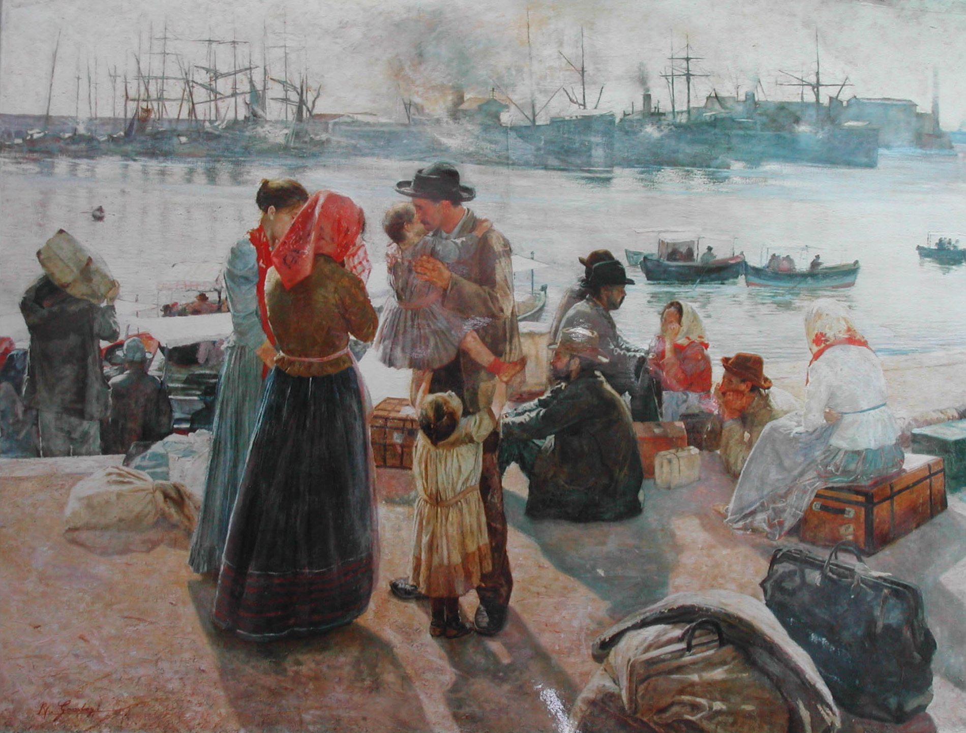Pintura de 1894: família de emigrantes com trouxas e malas aguardando no cais de um porto
