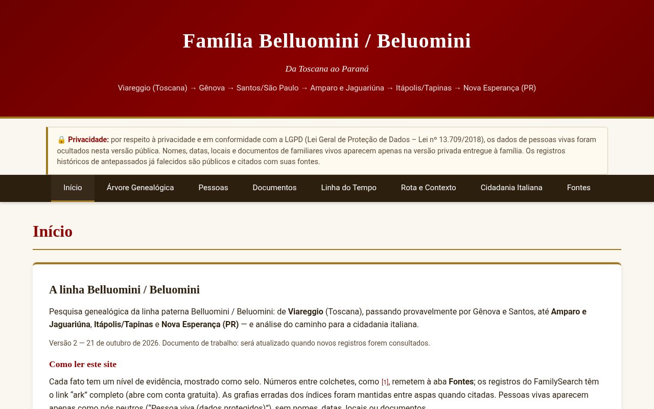 Captura de tela do site da Família Belluomini: página inicial com a história e a árvore genealógica