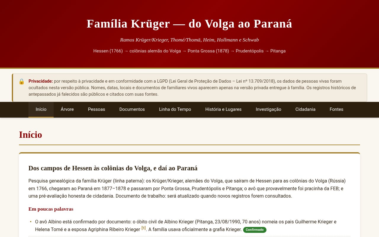Captura de tela do site da Família Krüger: página inicial com a história e a árvore genealógica