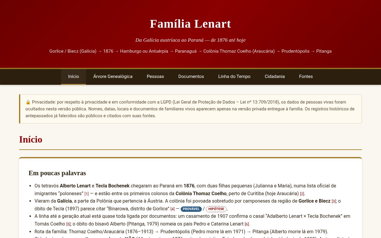 Captura de tela do site da Família Lenart: página inicial com a história e a árvore genealógica