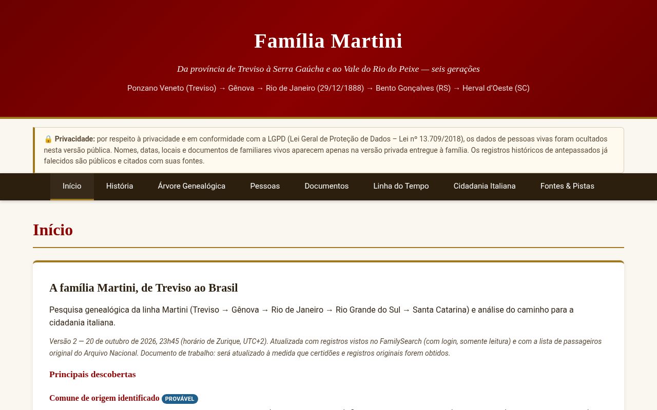 Captura de tela do site da Família Martini: página inicial com a história e a árvore genealógica