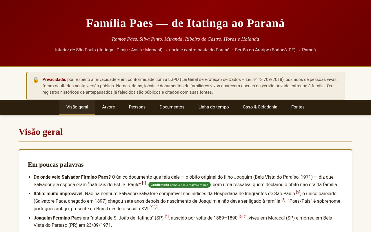Captura de tela do site da Família Paes: página inicial com a história e a árvore genealógica