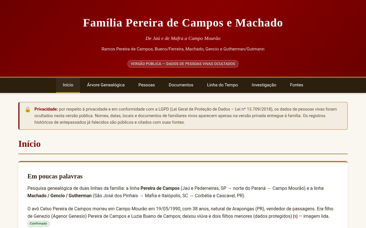 Captura de tela do site da Família Pereira de Campos e Machado: página inicial com o aviso de privacidade e o resumo da pesquisa